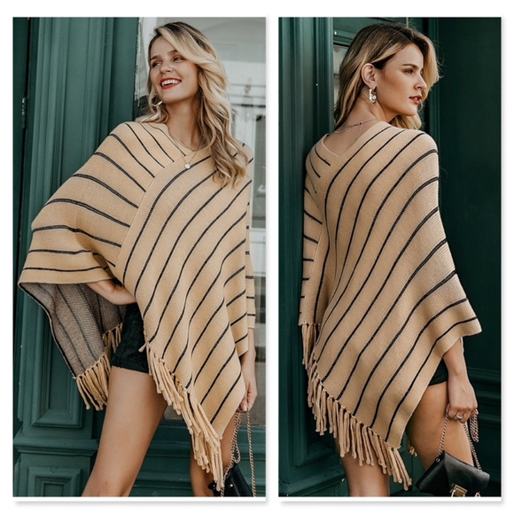 Striped Tan Faux Wrap Tassels Poncho - Picture 2 of 8